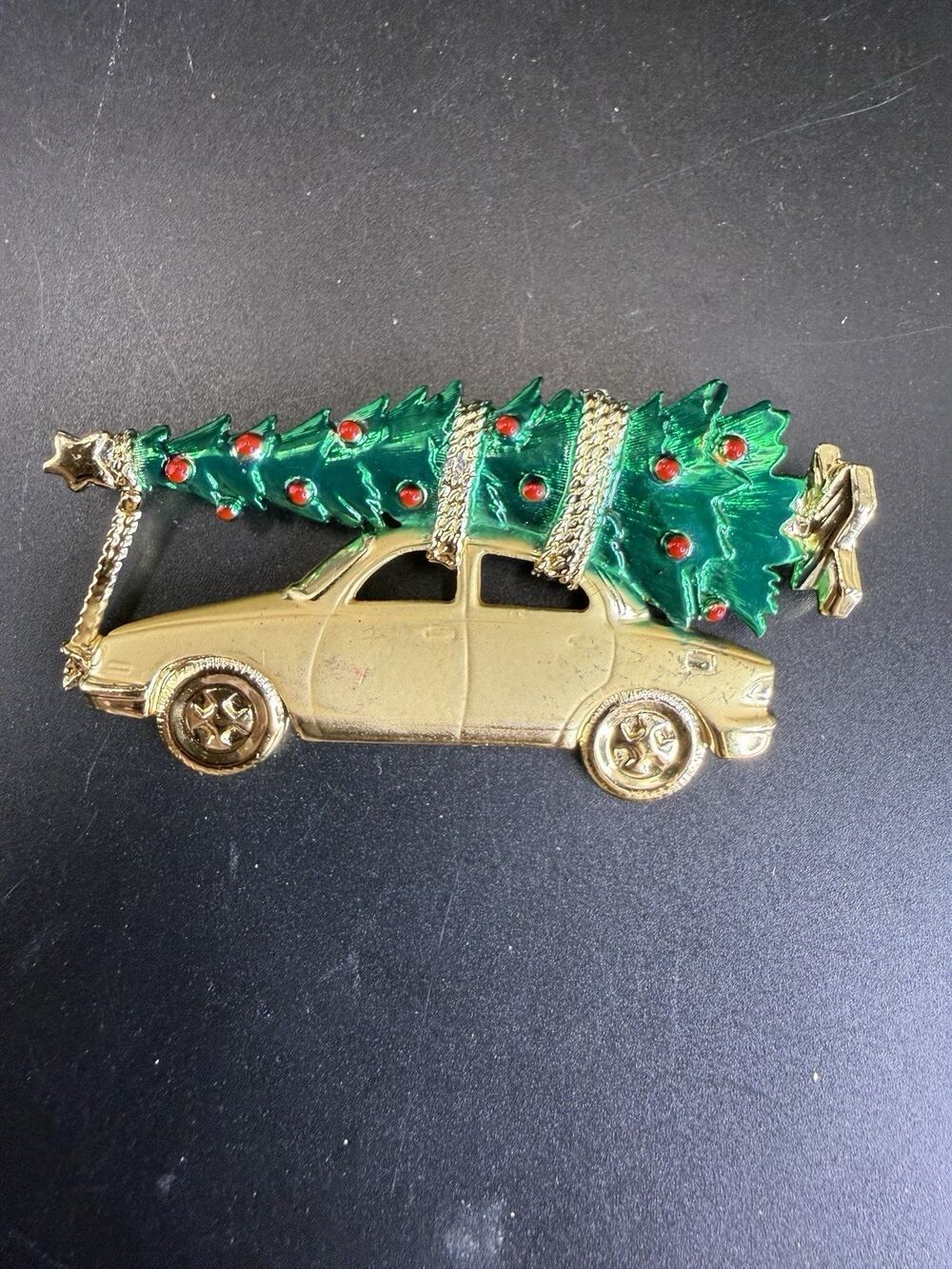 Vintage AJC Retro Car Christmas Tree Gold Tone Enameled Brooch Pin